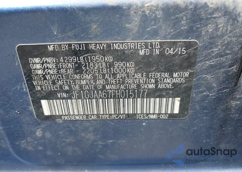 2015 Subaru Impreza 2.0I from USA, damaged, VIN JF1GJAA67FH015177